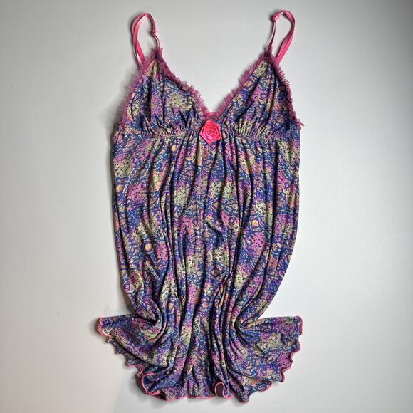 Y2K Fairycore Pink Rose Slip Dress Stretch Mesh Ruffle Coquette S XS Romantic - Picture 3 of 11